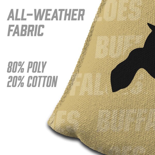 Close-up of CU Buffaloes cornhole bag highlighting all-weather fabric made of 80% polyester and 20% cotton.